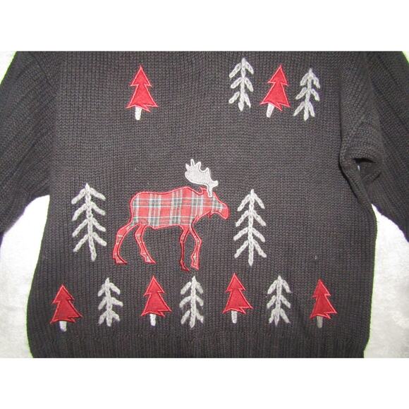 Vtg Timberlea Moose Christmas Sweater Trees Plaid Applique Knit Black Zip M - Picture 2 of 7